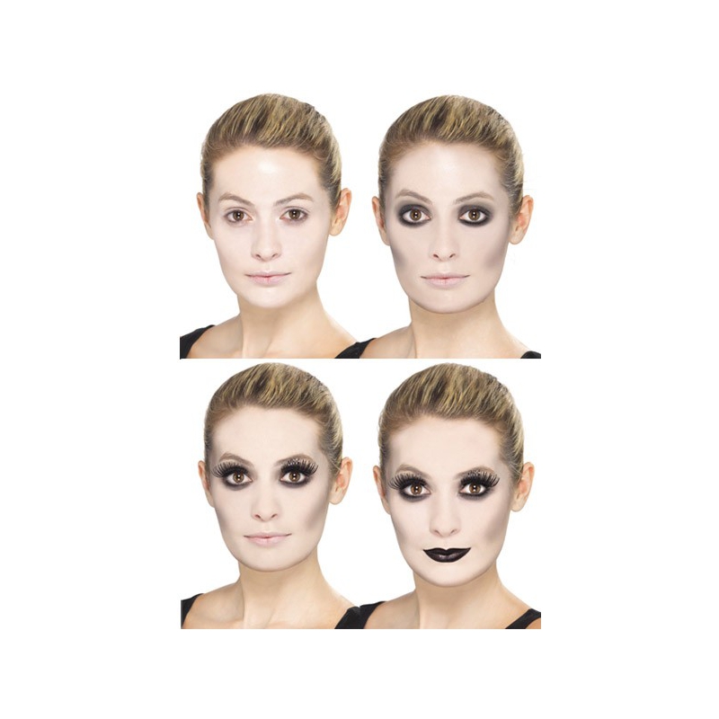 maquillage halloween pour femme en 4 etapes avec faux cils et rouge à lèvres noirs