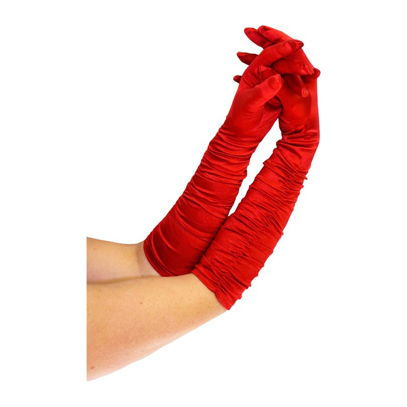 Longue paire de gants rouges plissés - accessoire deguisements charleston