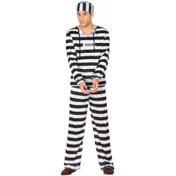 Déguisement prisonnier noir et blanc pour homme avec haut, pantalon et chapeau