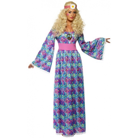 deguisement hippie avec fleurs, robe bleue et rose - années 60