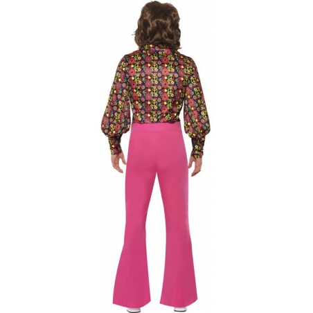 déguisement années 60 et 70 pour homme, chemise hippie et pantalon disco fluo à patte d'eph