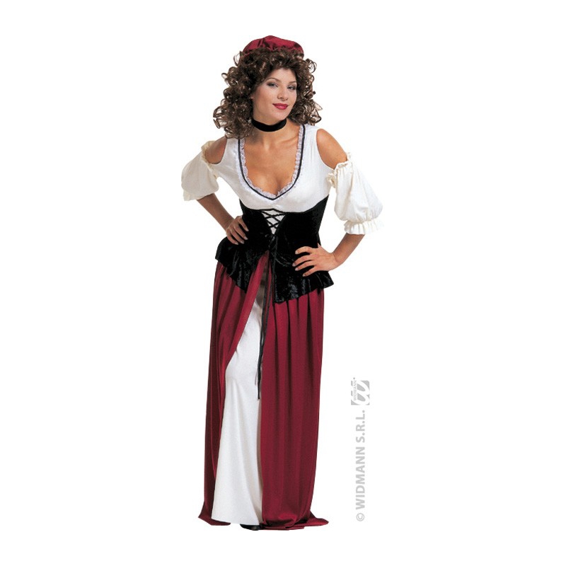 deguisement aubergiste tenanciere, robe medievale avec corset, tour de cou et coiffe - costume medieval