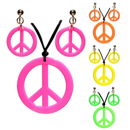 Collier et boucles d’oreilles fluo peace & love, accessoire déguisement années 60 et 70