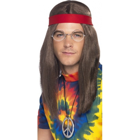 perruque hippie avec bandeau, pendentif et lunettes - kit déguisement hippie adulte