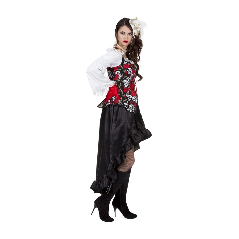 costume pirate gothique femme, noir et blanc avec roses et têtes de mort - SA003S