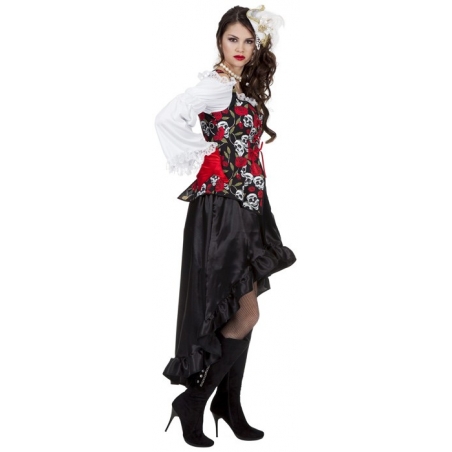 costume pirate gothique femme, noir et blanc avec roses et têtes de mort - SA003S