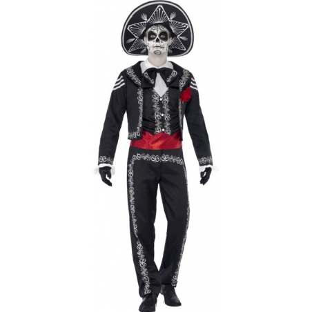 Déguisement de squelette mexicain pour homme, costume noir et blanc avec sombrero