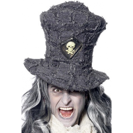 Haut de forme gris avec tête de mort - chapeau fossoyeur halloween Haut de forme gris avec tête de mort - chapeau fossoyeur halloween