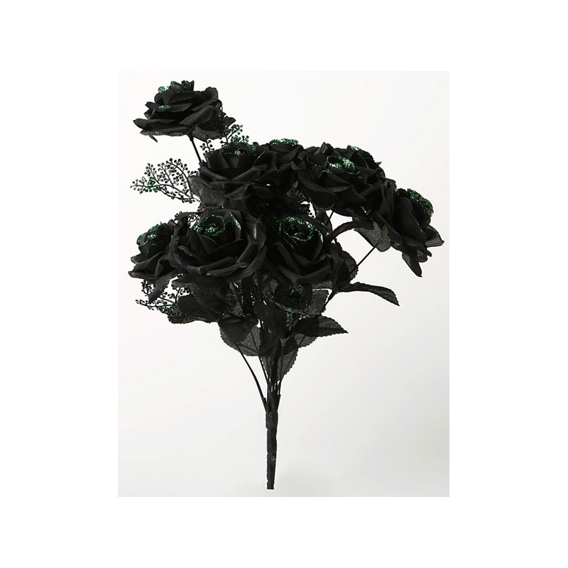 bouquet de roses noires à paillettes vertes