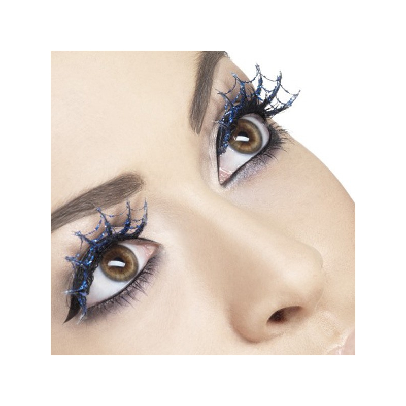 Faux cils bleus toile araignée brillants avec paillettes - maquillage deguisement femme