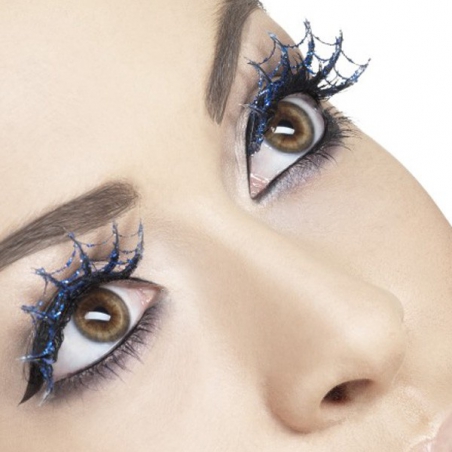 Faux cils bleus toile araignée brillants avec paillettes - maquillage deguisement femme