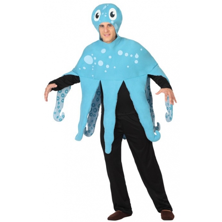 déguisement de poulpe pour homme et femme, poncho bleu avec tête - costume d'animal marin rigolo pour carnaval
