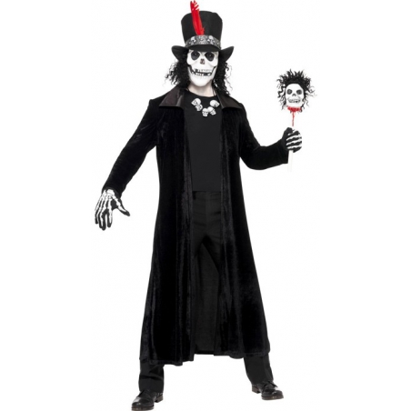 deguisement squelette homme vaudou, long manteau noir halloween
