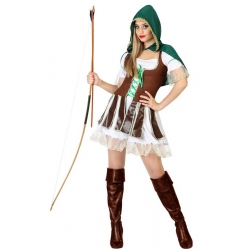 déguisement femme robin des bois, avec robe, boléro et cape à capuche