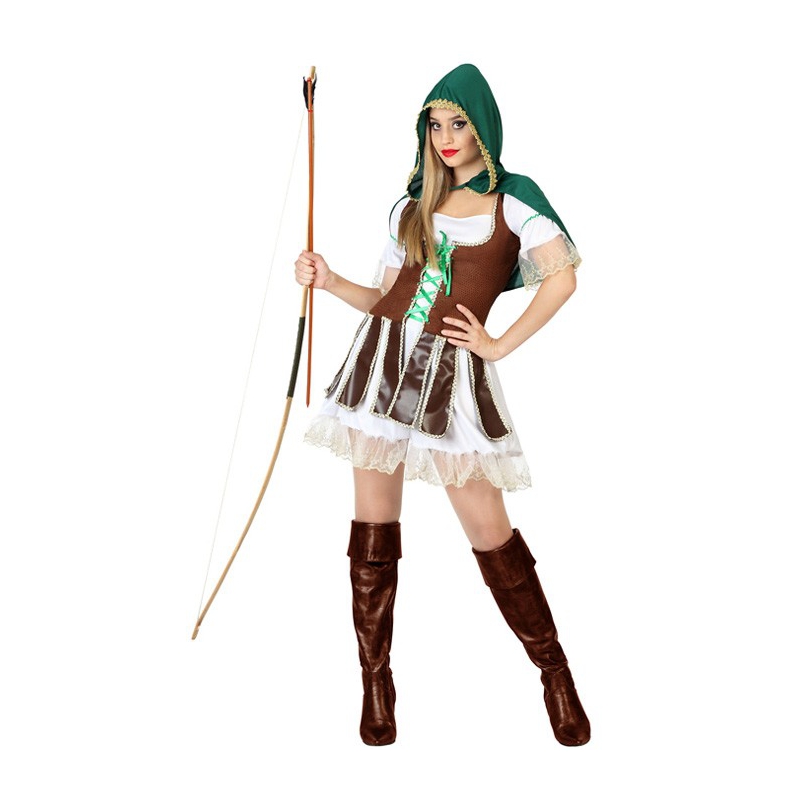 déguisement femme robin des bois, avec robe, boléro et cape à capuche