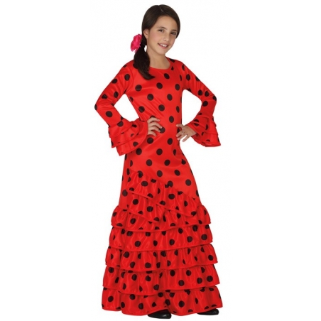 Déguisement espagnol pour filles de 3 à 12 ans, longue robe espagnole rouge et noir