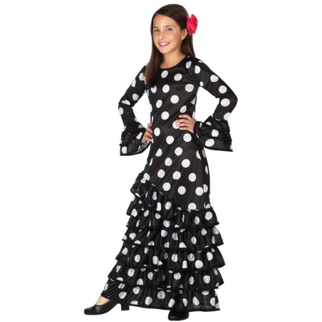 déguisement de danseuse flamenco noire pour filles de 3 à 12 ans, longue robe espagnole noire à pois blancs