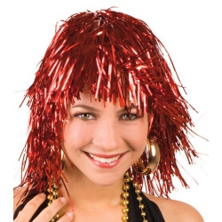 Perruque rouge années 70 femme, perruque disco effet métallique