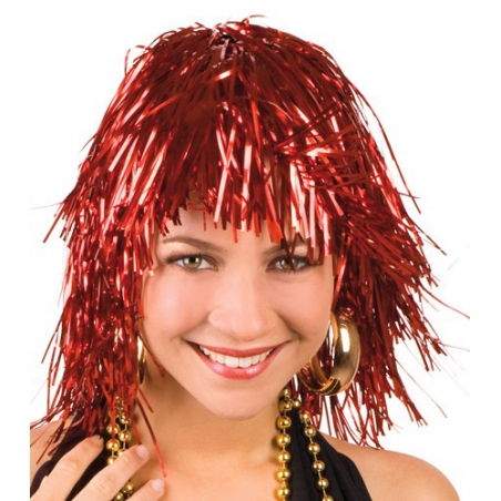 Perruque rouge années 70 femme, perruque disco effet métallique