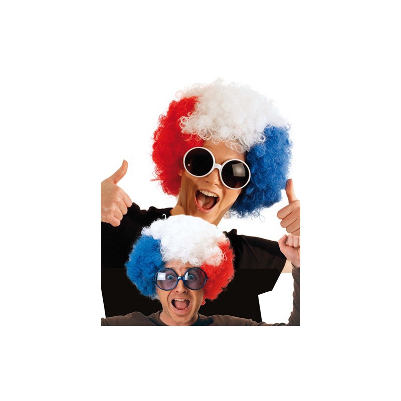 Perruque France big afro bleu blanc rouge