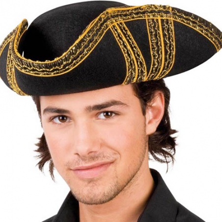 Chapeau pirate asulte, tricorne noir et or avec scratch - DA228A