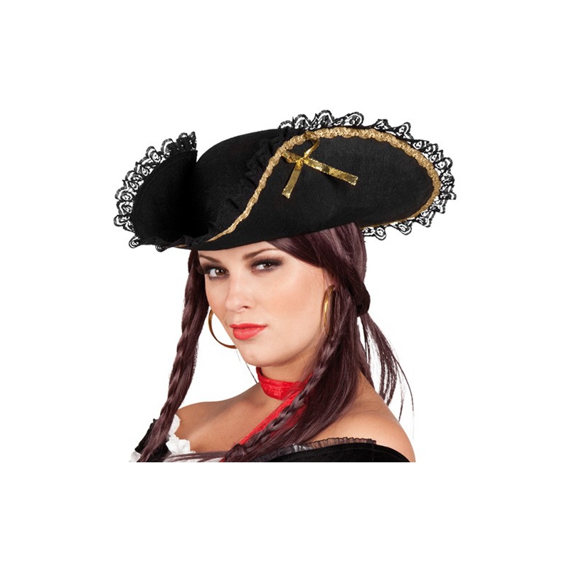 Tricorne femme pirate, chapeau noir avec rubans dorés