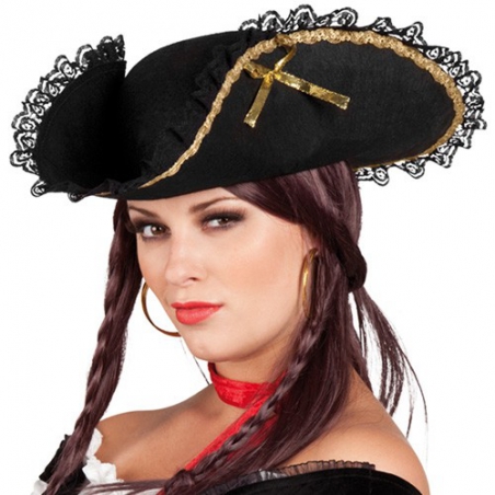 Tricorne femme pirate, chapeau noir avec rubans dorés