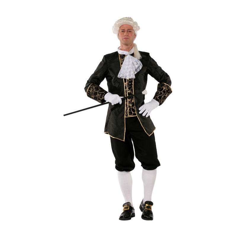 Déguisement de marquis pour homme, costume noir avec pantacourt, veste avec chemise et jabot 