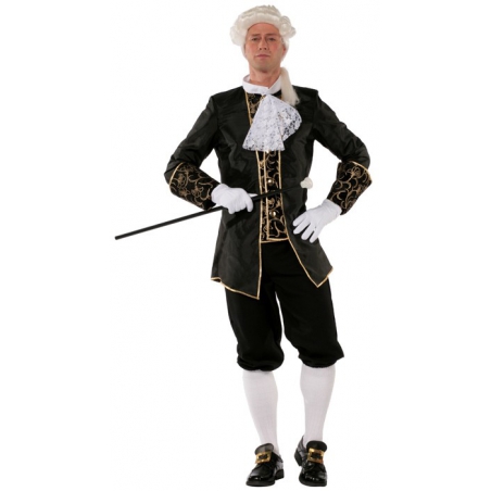Déguisement de marquis pour homme, costume noir avec pantacourt, veste avec chemise et jabot Déguisement de marquis pour homme, costume noir avec pantacourt, veste avec chemise et jabot