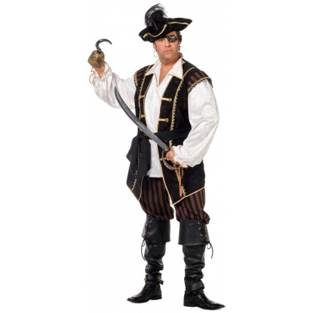 Déguisement pirate homme grande taille, costume avec pantacourt, ceinture et veste avec chemise incorporée