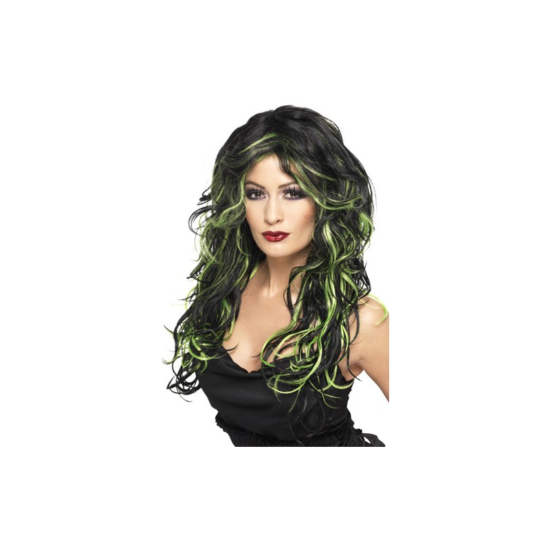 Perruque noire avec mèches vertes femme - perruque gothique halloween