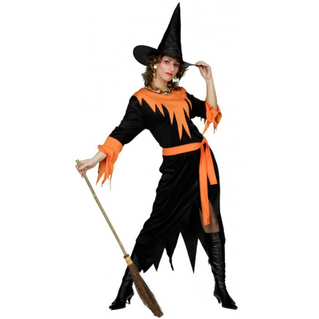 Déguisement sorcière halloween femme noire et orange avec robe et ceinture