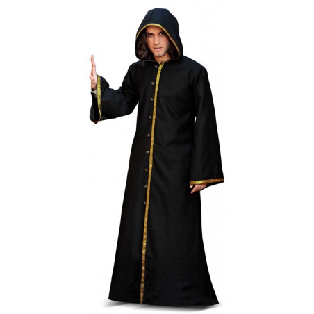 Déguisement médiéval homme noir, long manteau noir à capuche