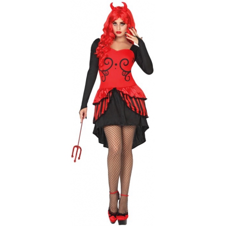 Déguisement femme diablesse avec robe et cornes, disponible en taille S, M/L et XL Déguisement femme diablesse avec robe et cornes, disponible en taille S, M/L et XL