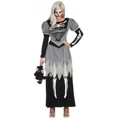Déguisement de mariée zombie pour femme, longue robe avec motif squelette - costume halloween