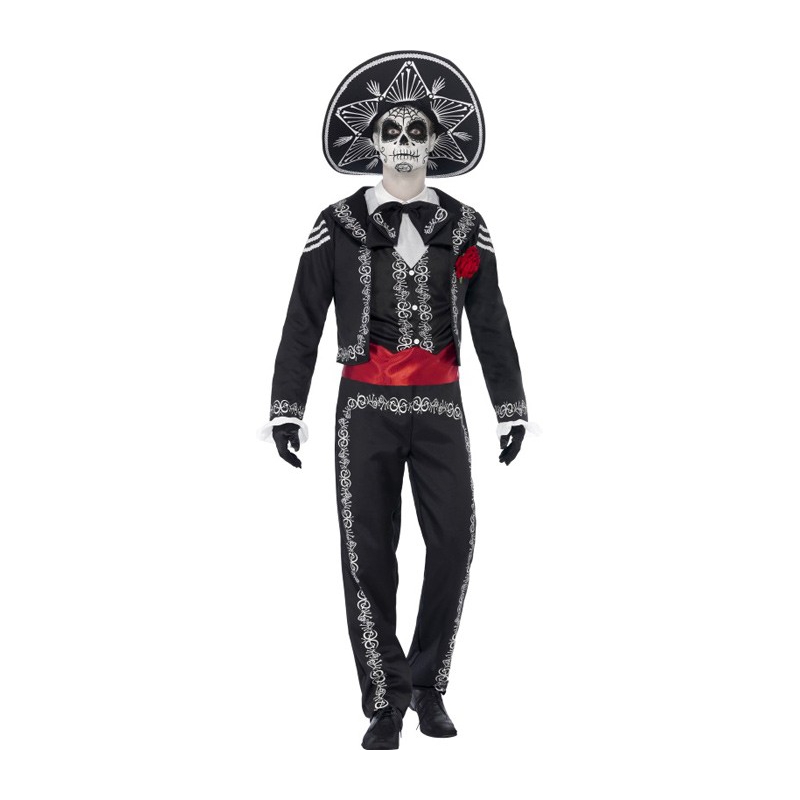 Déguisement de squelette mexicain pour homme, costume noir et blanc avec sombrero