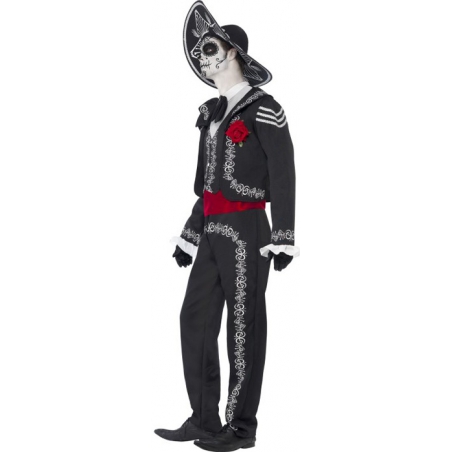Costume mexicain pour homme, déguisement de squelette noir et blanc avec chapeau mexicain