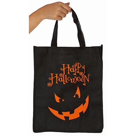 Sac à bonbons Happy Halloween de couleur noire, ce sac est décoré d'une terrifiante citrouille