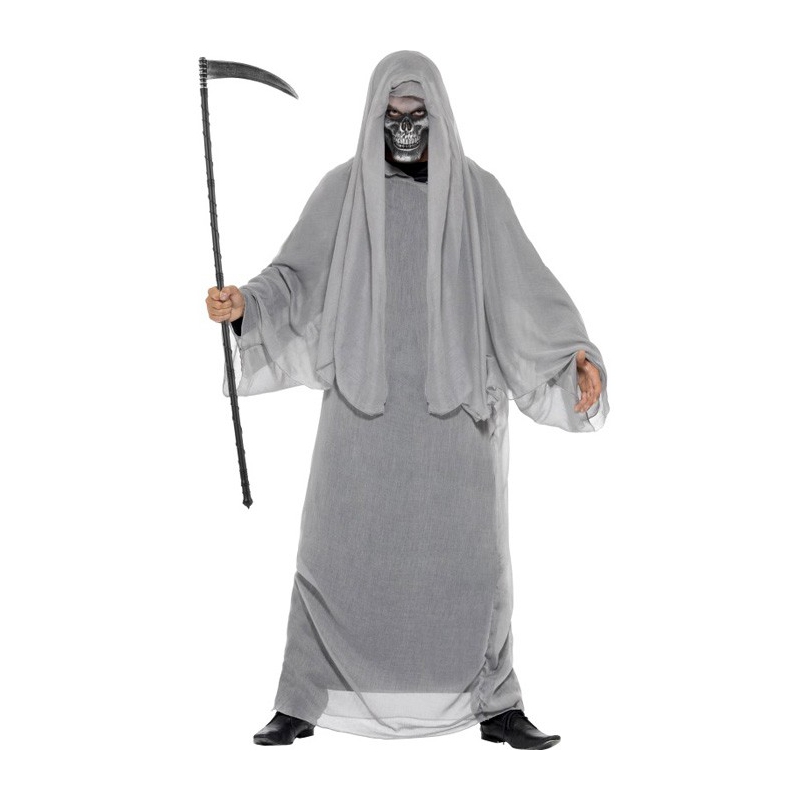 Déguisement faucheuse pour adulte, longue tunique à capuche et demi masque halloween