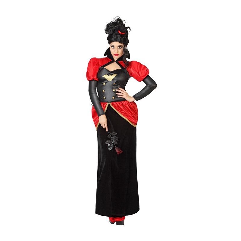 Déguisement de vampire pour femme, longue robe noire et rouge et chapeau - costume de comtesse des vampires