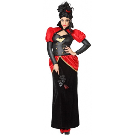 Déguisement de vampire pour femme, longue robe noire et rouge et chapeau - costume de comtesse des vampires Déguisement de vampire pour femme, longue robe noire et rouge et chapeau - costume de comtesse des vampires