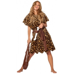 Déguisement femme de cro magnon luxe avec robe, ceinture et os - costume préhistoire femme