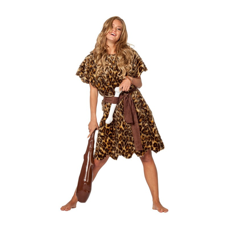 Déguisement femme de cro magnon luxe avec robe, ceinture et os - costume préhistoire femme