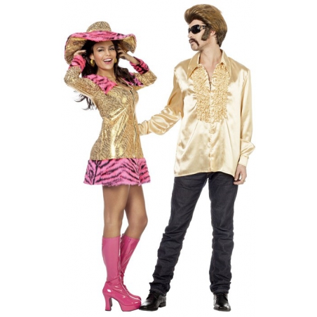 Déguisement couple bling bling années 70 couleur rose et or - costume carnaval