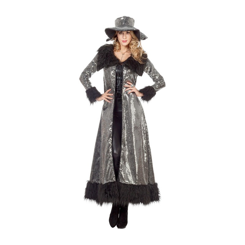 Déguisement pimp femme années 70, long manteau à fourrure noire et argent
