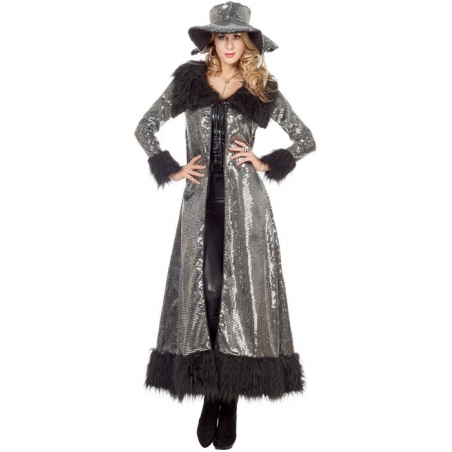 Déguisement pimp femme années 70, long manteau à fourrure noire et argent