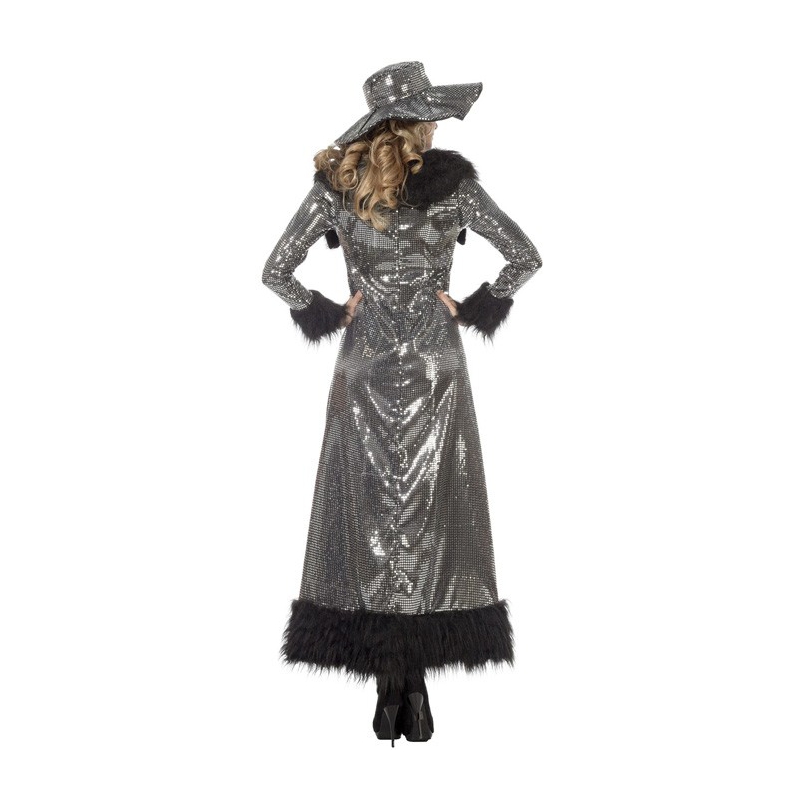 Costume disco pimp noir et argent pour femme, long manteau pour carnaval avec paillettes et fourrure 