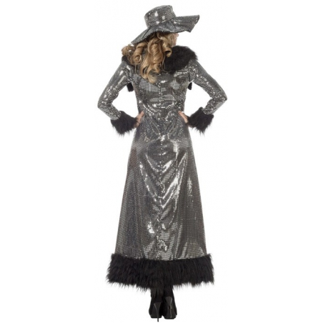 Costume disco pimp noir et argent pour femme, long manteau pour carnaval avec paillettes et fourrure 