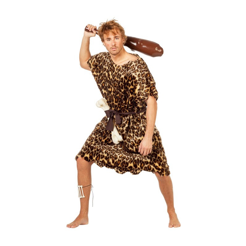 Déguisement homme des cavernes luxe pour adulte avec tunique imitation peau de bete, ceinture et os - costume cromagnon