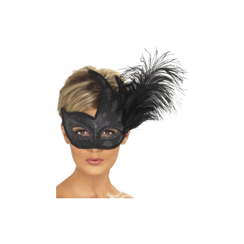 Masque vénitien noir avec plume  